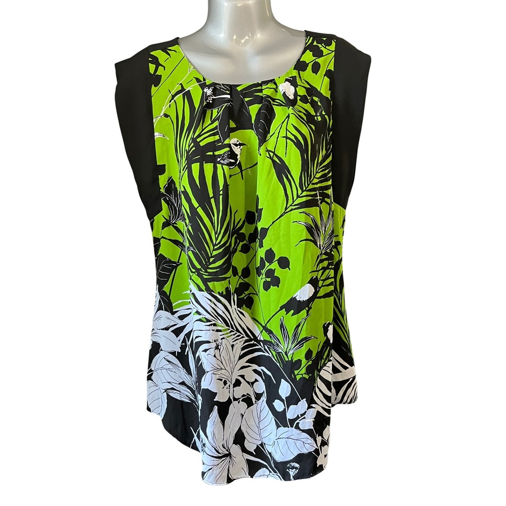 Worthington Top Womens M Green Black White Floral Sleeveless Blouse